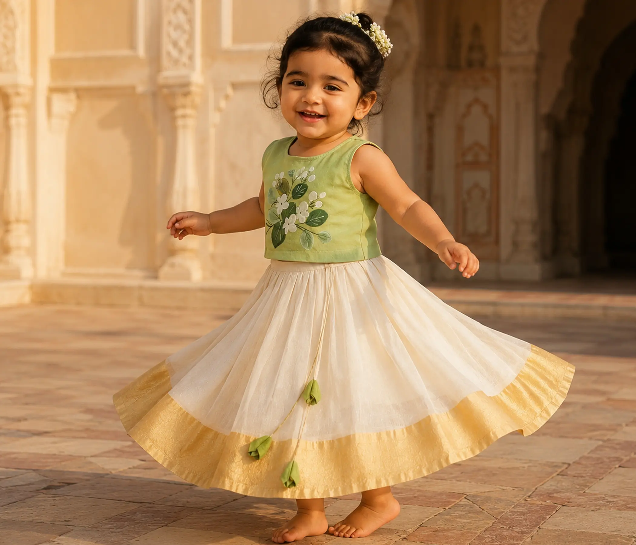 Girls Formal Dresses – Olive Green Hand-Painted Lehenga Choli for Girls